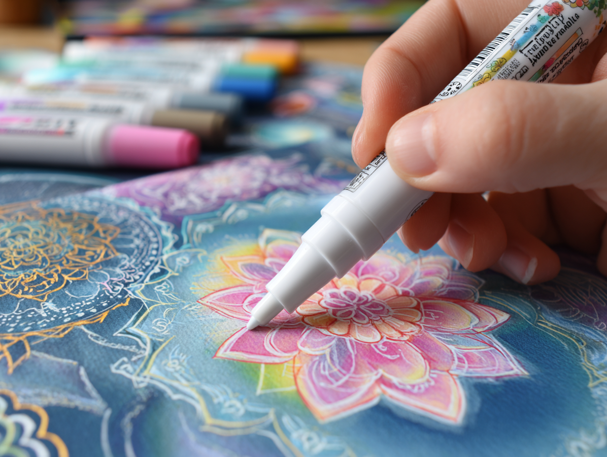 hand blending alcohol markers on a mandala coloring page with smooth transitions and a white gel pen for beginner coloring highlights and accents